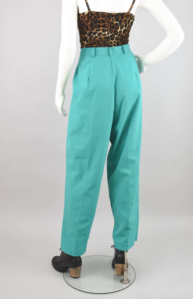 80s High Waisted Teal Trouser Pants, Women's Size 12, 30" Waist