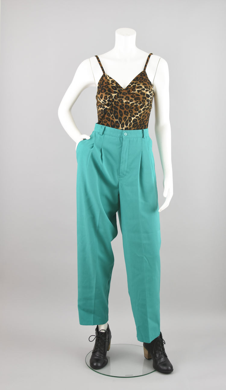 80s High Waisted Teal Trouser Pants, Women's Size 12, 30" Waist