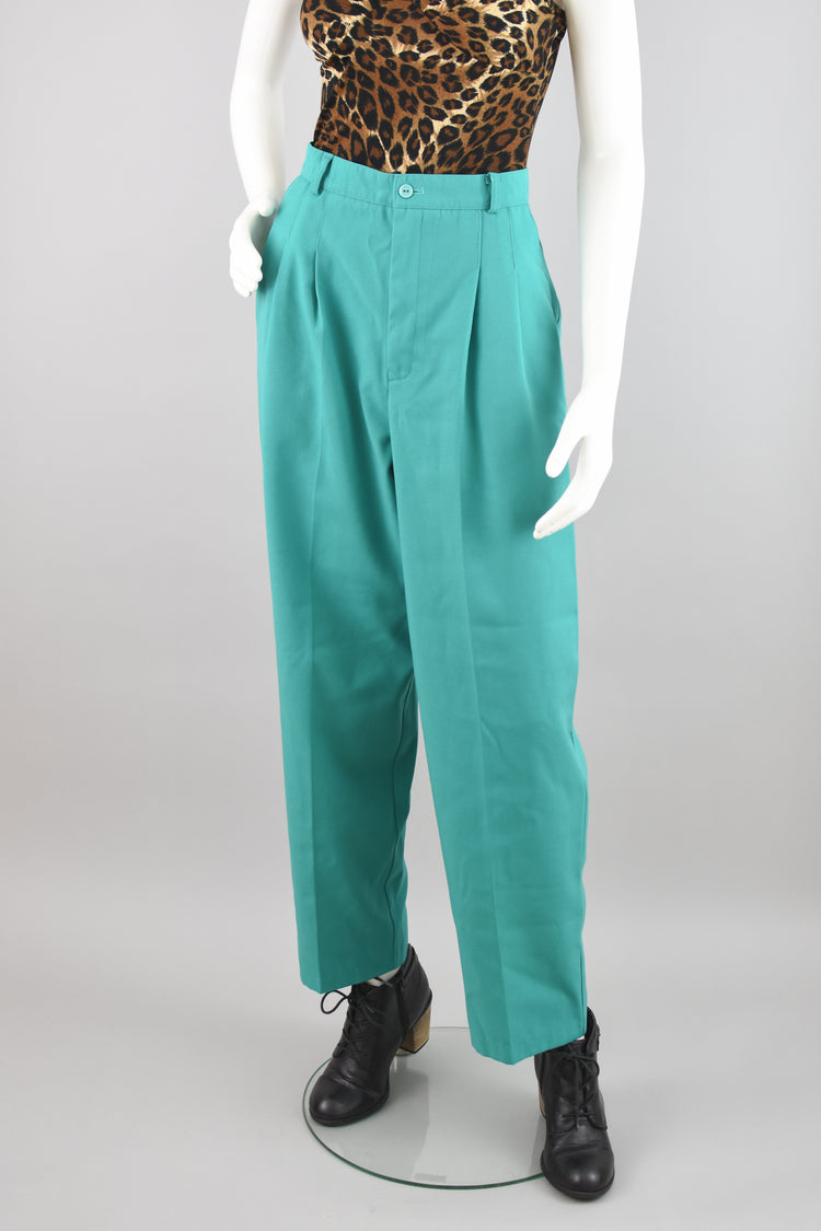 80s High Waisted Teal Trouser Pants, Women's Size 12, 30" Waist