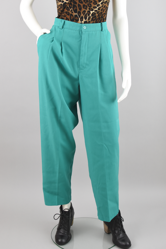 80s High Waisted Teal Trouser Pants, Women's Size 12, 30" Waist