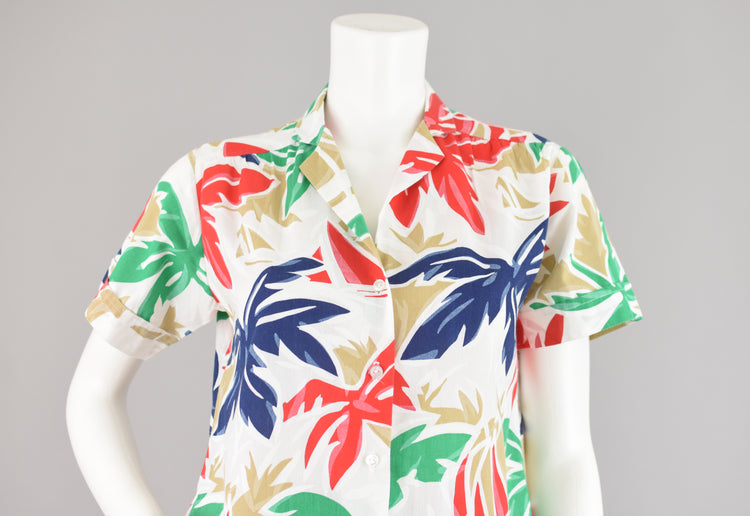 Vintage White Tropical Novelty Print Shirt, Women's Size 9/10