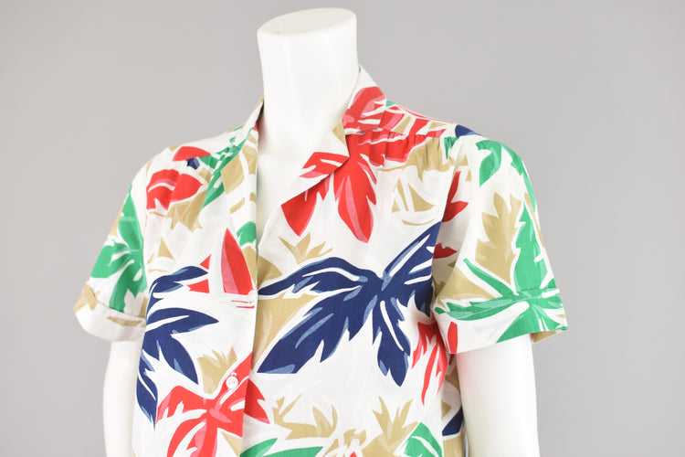 Vintage White Tropical Novelty Print Shirt, Women's Size 9/10