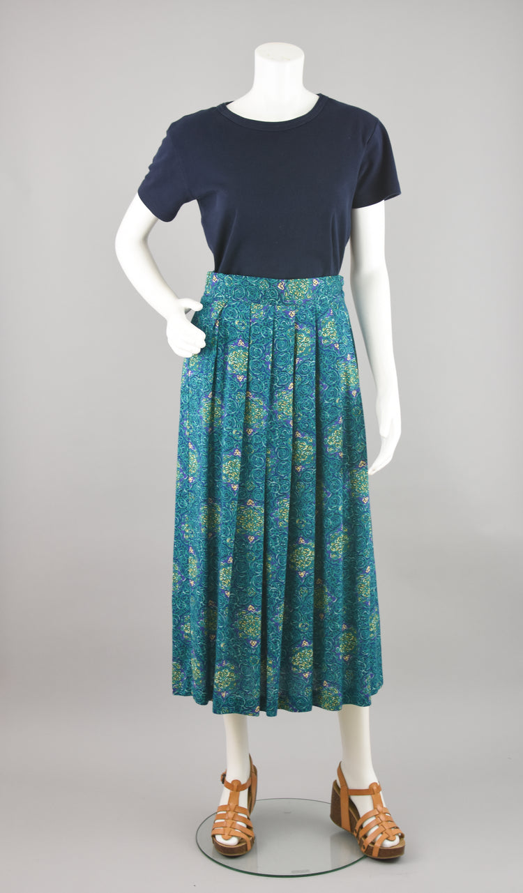 80s High Waisted Blue Pleated Midi Skirt, Women's 28" Waist