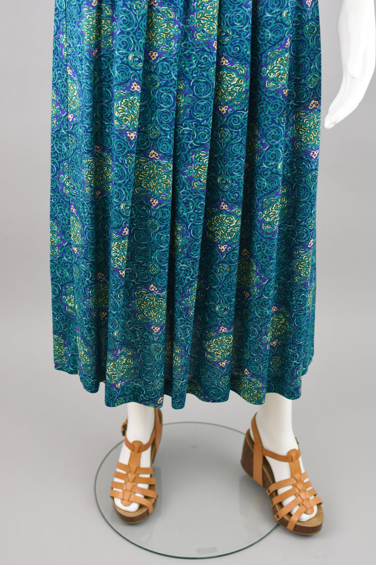 80s High Waisted Blue Pleated Midi Skirt, Women's 28" Waist