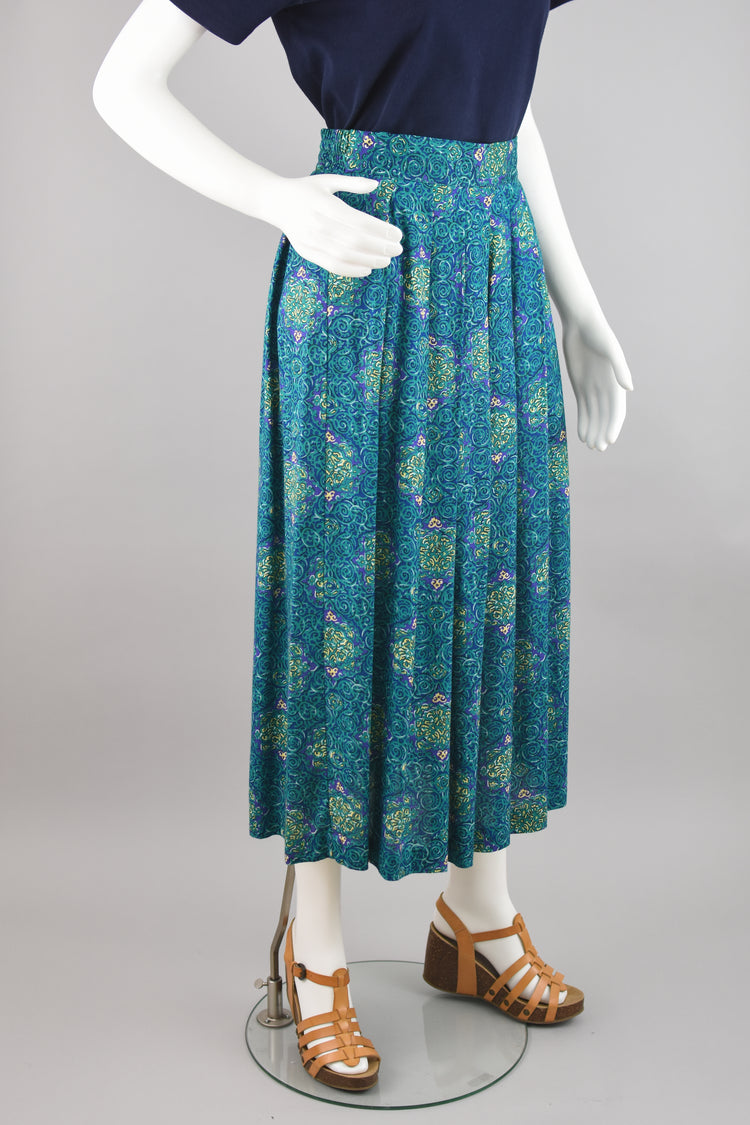 80s High Waisted Blue Pleated Midi Skirt, Women's 28" Waist