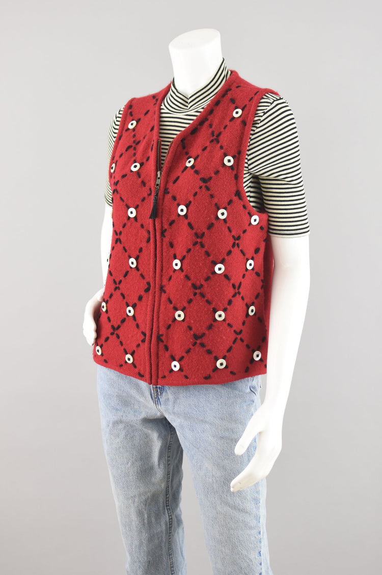 90s Red Zip Up Wool Sweater Vest Women's Medium