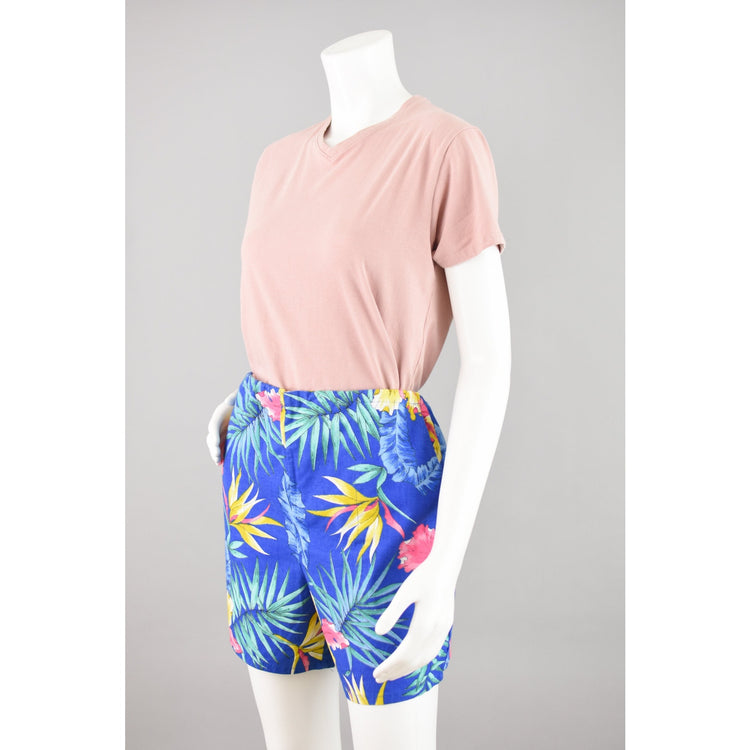 80s Blue Tropical Floral Shorts, Unisex Medium 32 - 34"