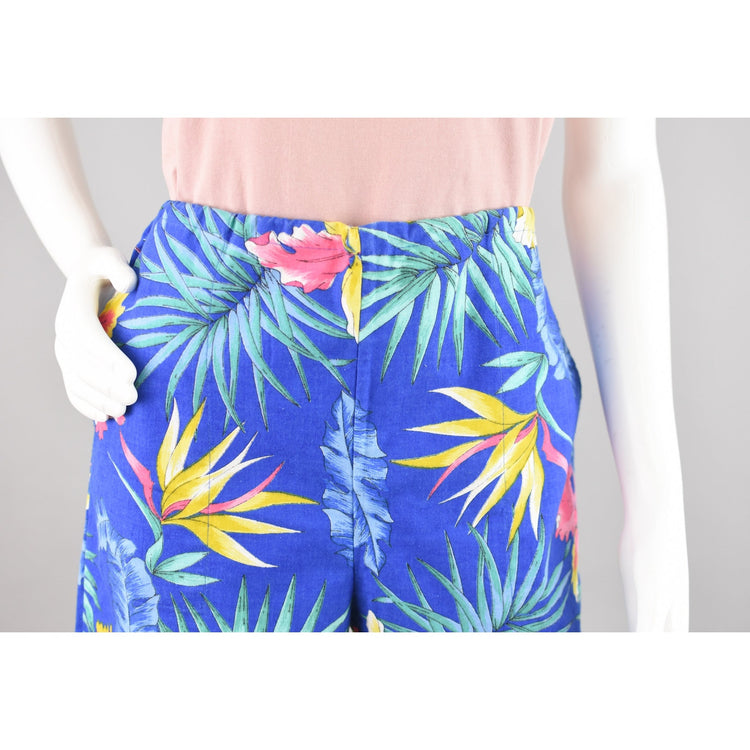 80s Blue Tropical Floral Shorts, Unisex Medium 32 - 34"