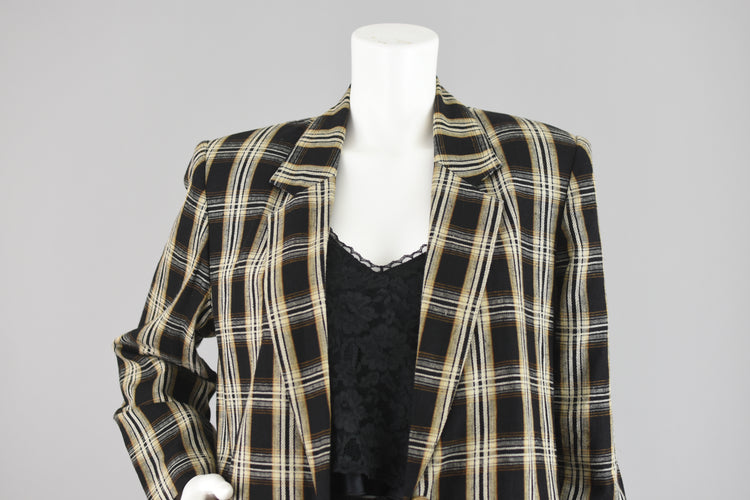 90s Black & Tan Plaid Linen Blazer Petite Size 12