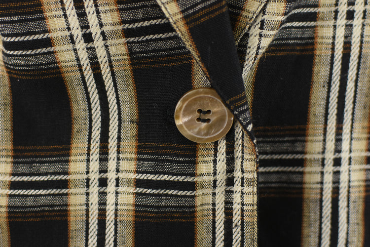 90s Black & Tan Plaid Linen Blazer Petite Size 12