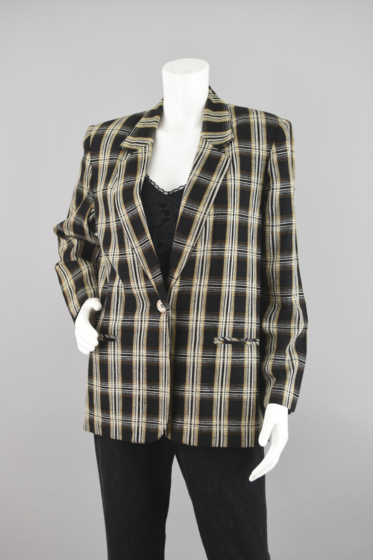 90s Black & Tan Plaid Linen Blazer Petite Size 12