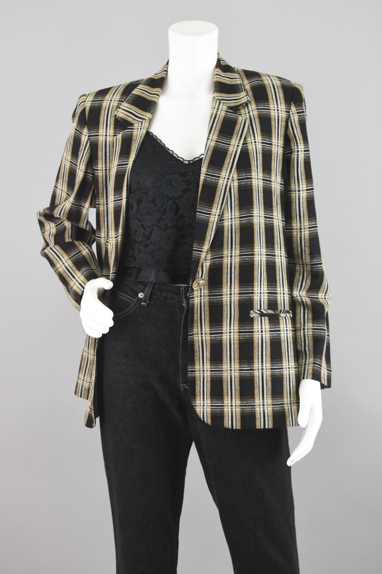 90s Black & Tan Plaid Linen Blazer Petite Size 12