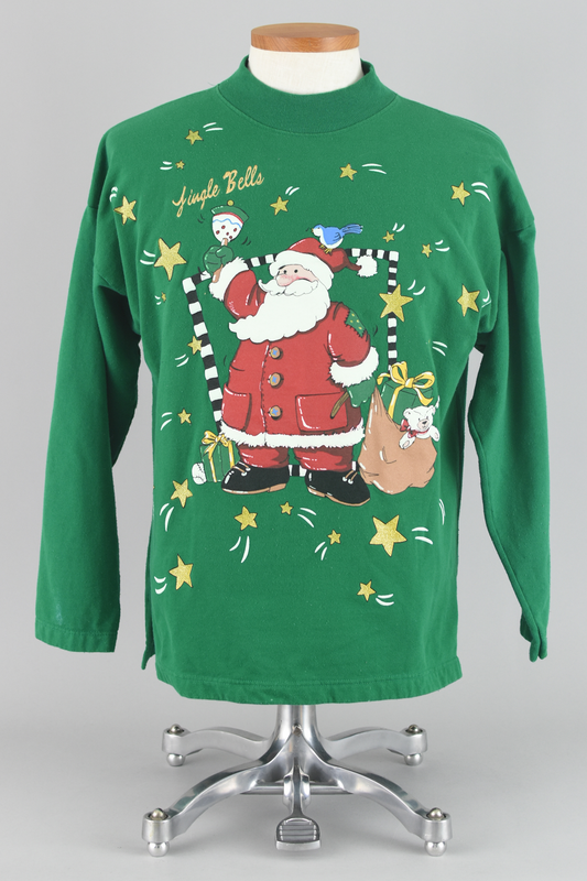 80s Ugly Christmas Green Mockneck Santa Sweatshirt Medium