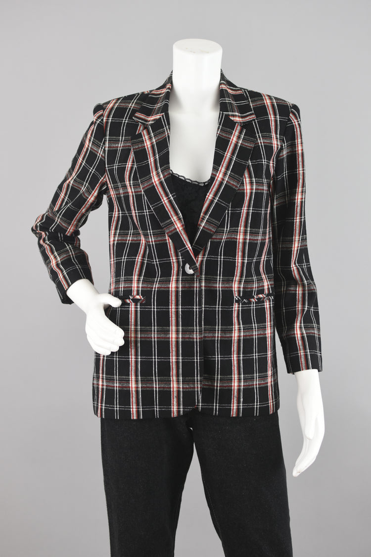 90s Black & Red Plaid Linen Blazer Petite Size 4