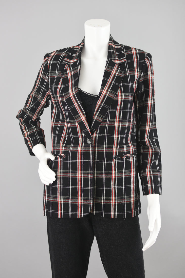 90s Black & Red Plaid Linen Blazer Petite Size 4