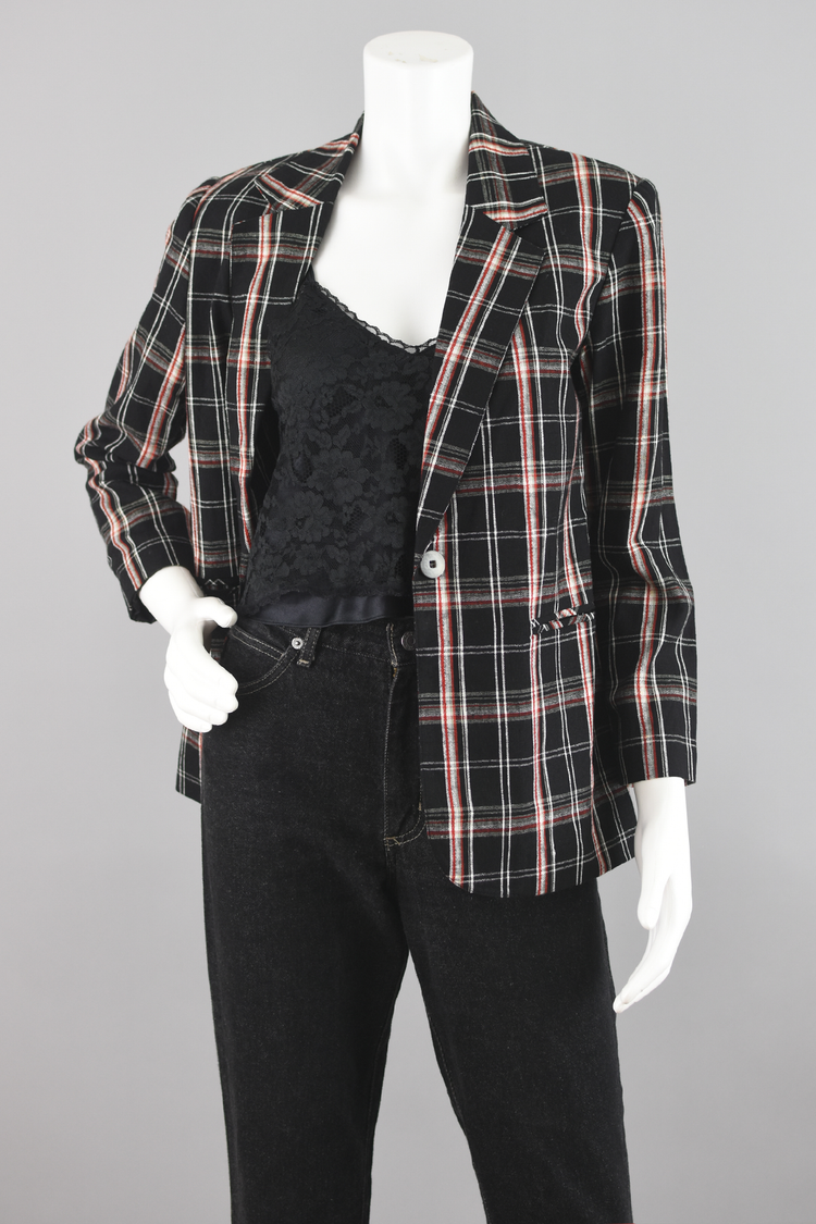 90s Black & Red Plaid Linen Blazer Petite Size 4