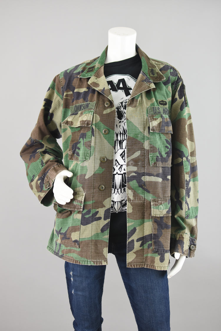 80s Distressed Camouflage Army Fatigue Shirt with Patches, Men's Medium Regular