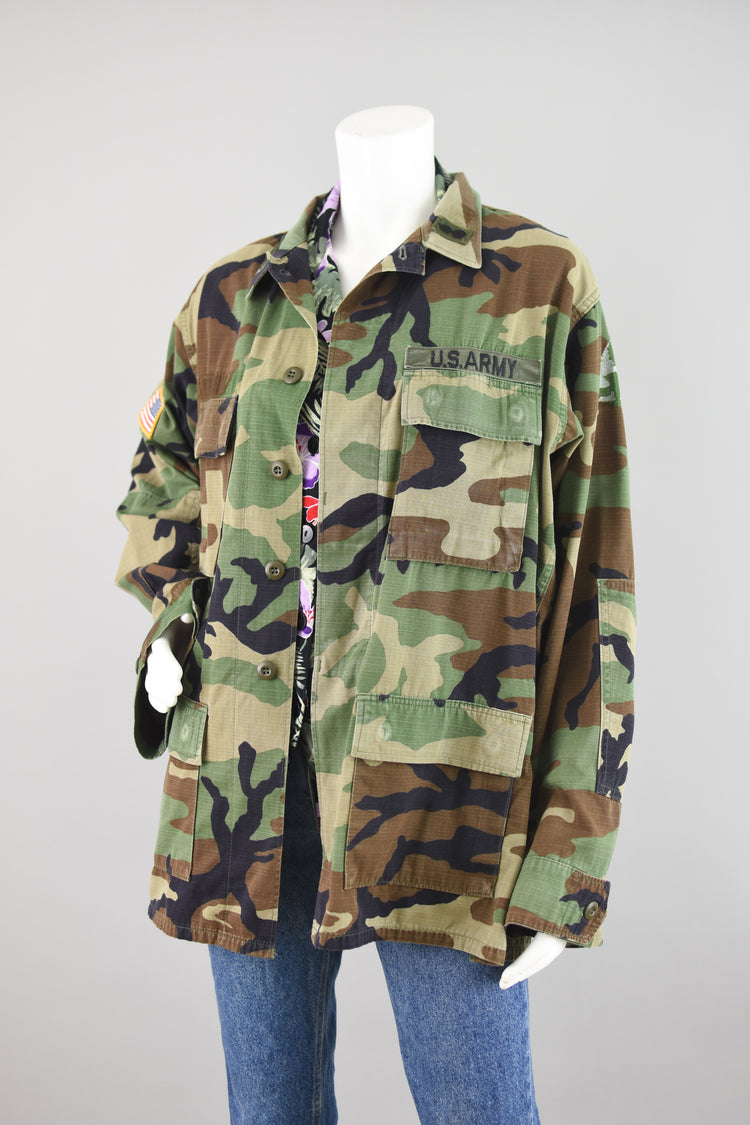 90s Distressed Army Camouflage Jacket, Men's Medium Long