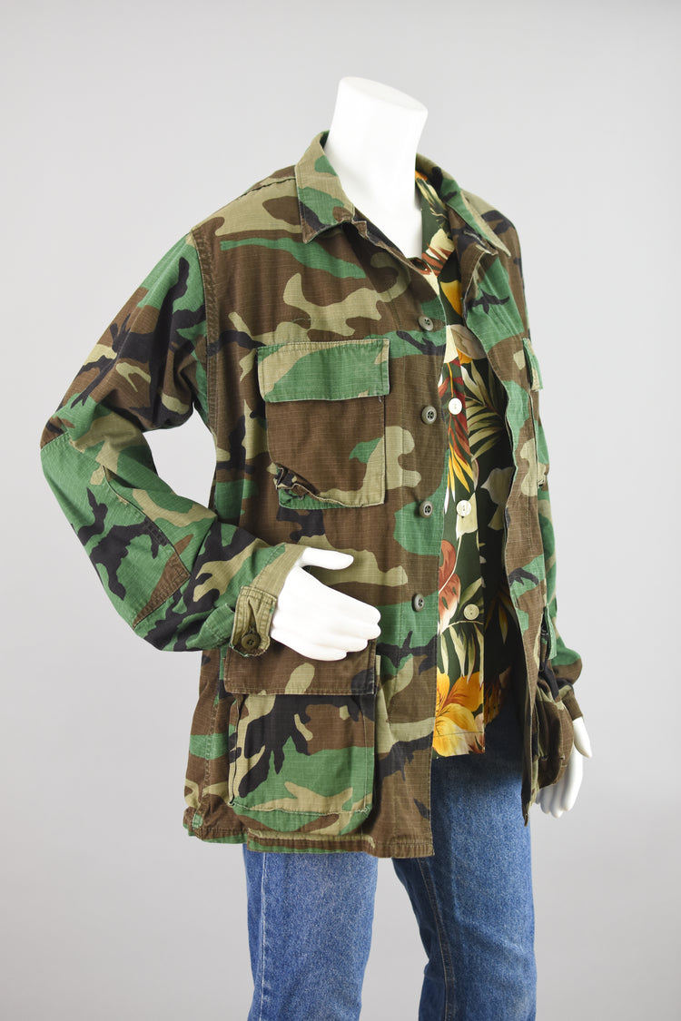 80s Military Camo Fatigue Jacket, Men's Medium Long