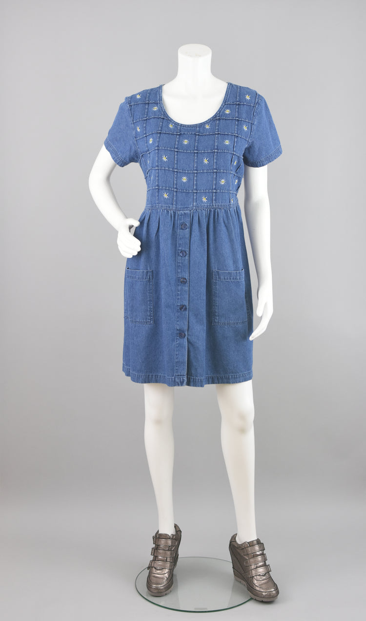 90s Babydoll Jean Dress with Daisies Women's Large