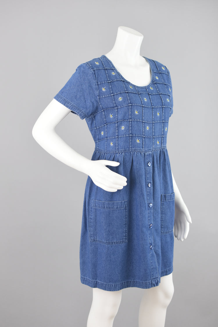 90s Babydoll Jean Dress with Daisies Women's Large