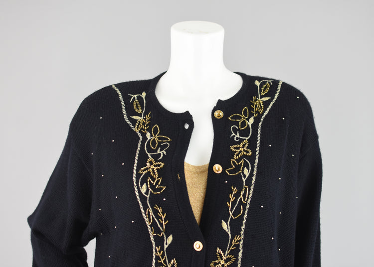 90s Leslie Fay Black Wool Beaded Floral Cardigan Women's Large