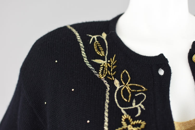 90s Leslie Fay Black Wool Beaded Floral Cardigan Women's Large