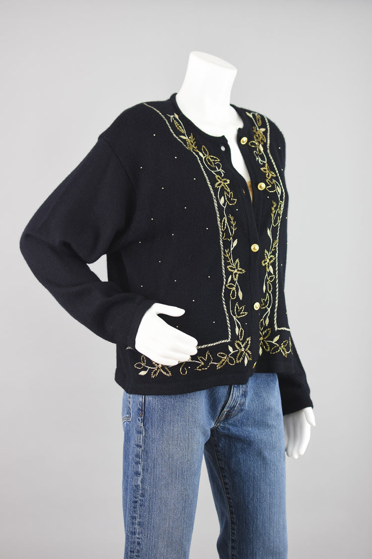 90s Leslie Fay Black Wool Beaded Floral Cardigan Women's Large