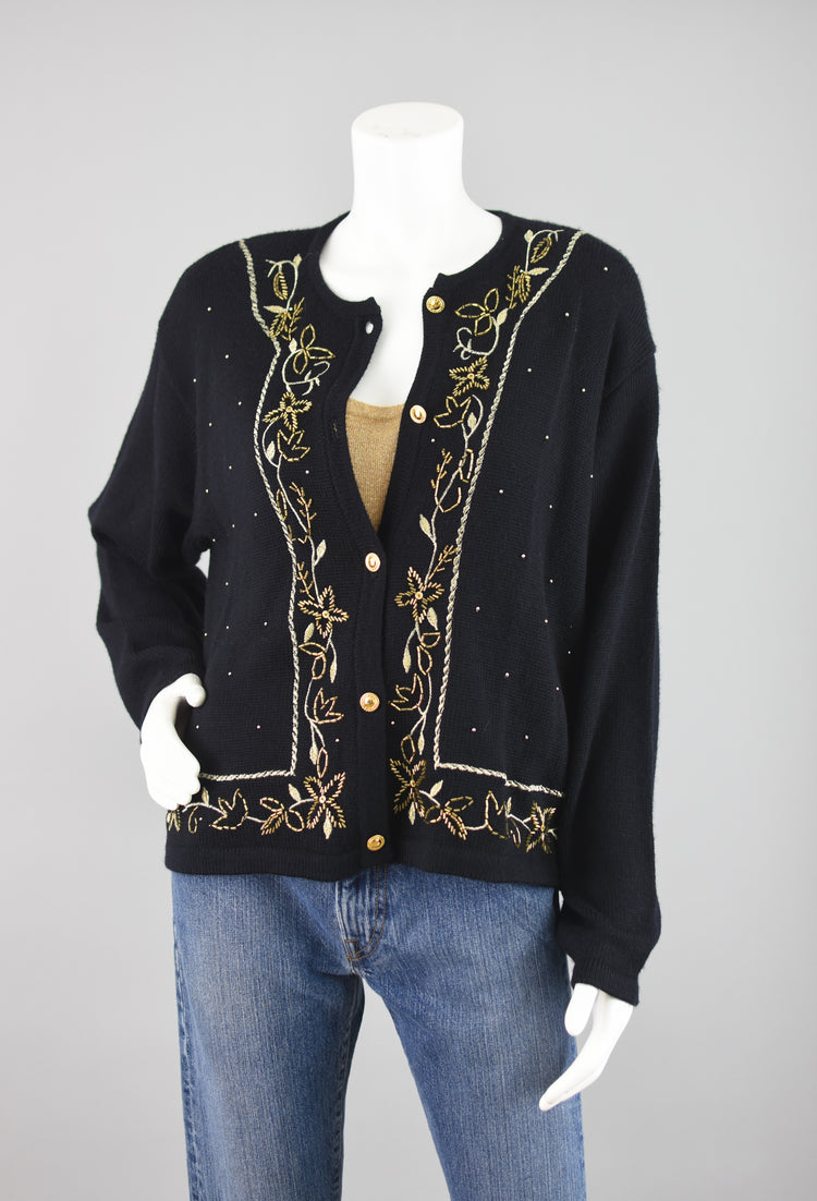 90s Leslie Fay Black Wool Beaded Floral Cardigan Women's Large