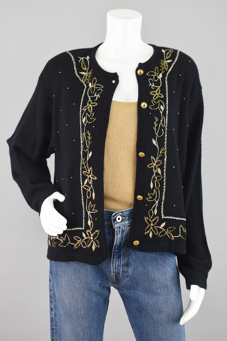 90s Leslie Fay Black Wool Beaded Floral Cardigan Women's Large