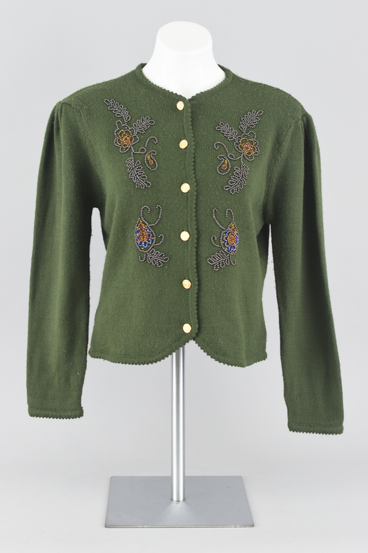 90s Bead Floral Green Cardigan Petite Small