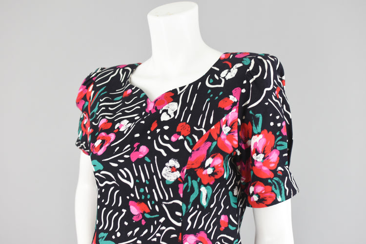 80s Black & Pink Peplum Floral Party Dress Petite 10