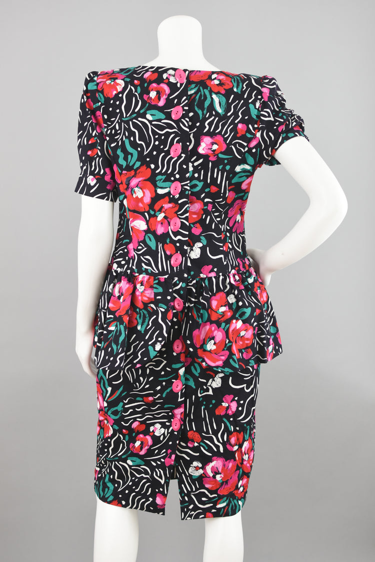 80s Black & Pink Peplum Floral Party Dress Petite 10