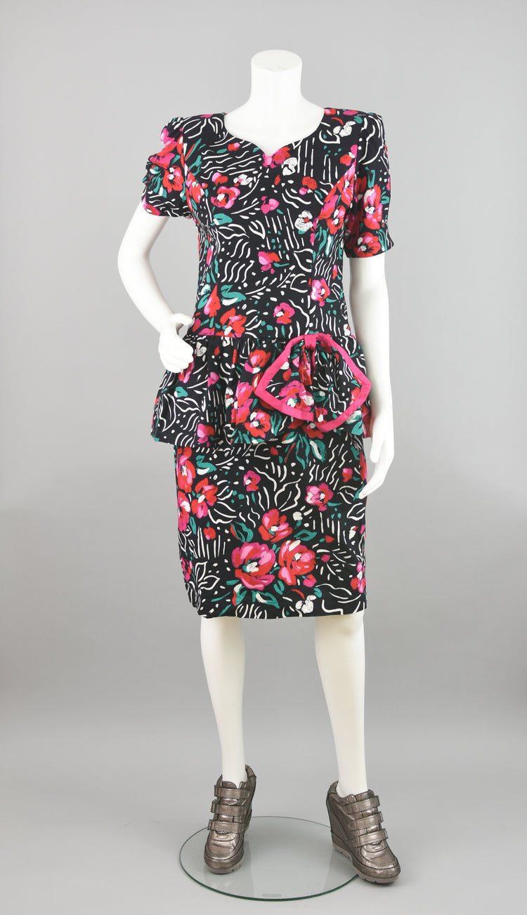 80s Black & Pink Peplum Floral Party Dress Petite 10