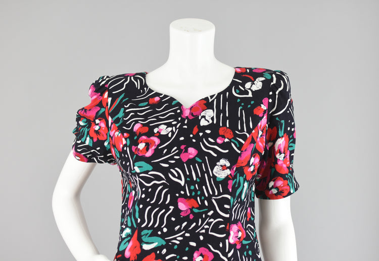 80s Black & Pink Peplum Floral Party Dress Petite 10