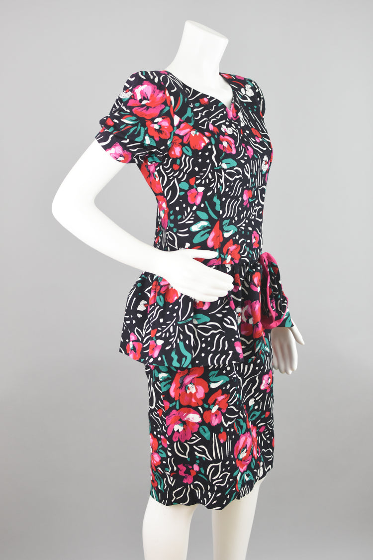 80s Black & Pink Peplum Floral Party Dress Petite 10