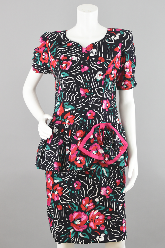 80s Black & Pink Peplum Floral Party Dress Petite 10