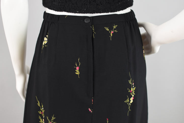 90s Black Floral Print Midi Skirt Liz Baker, Women's Large, 30" Waist