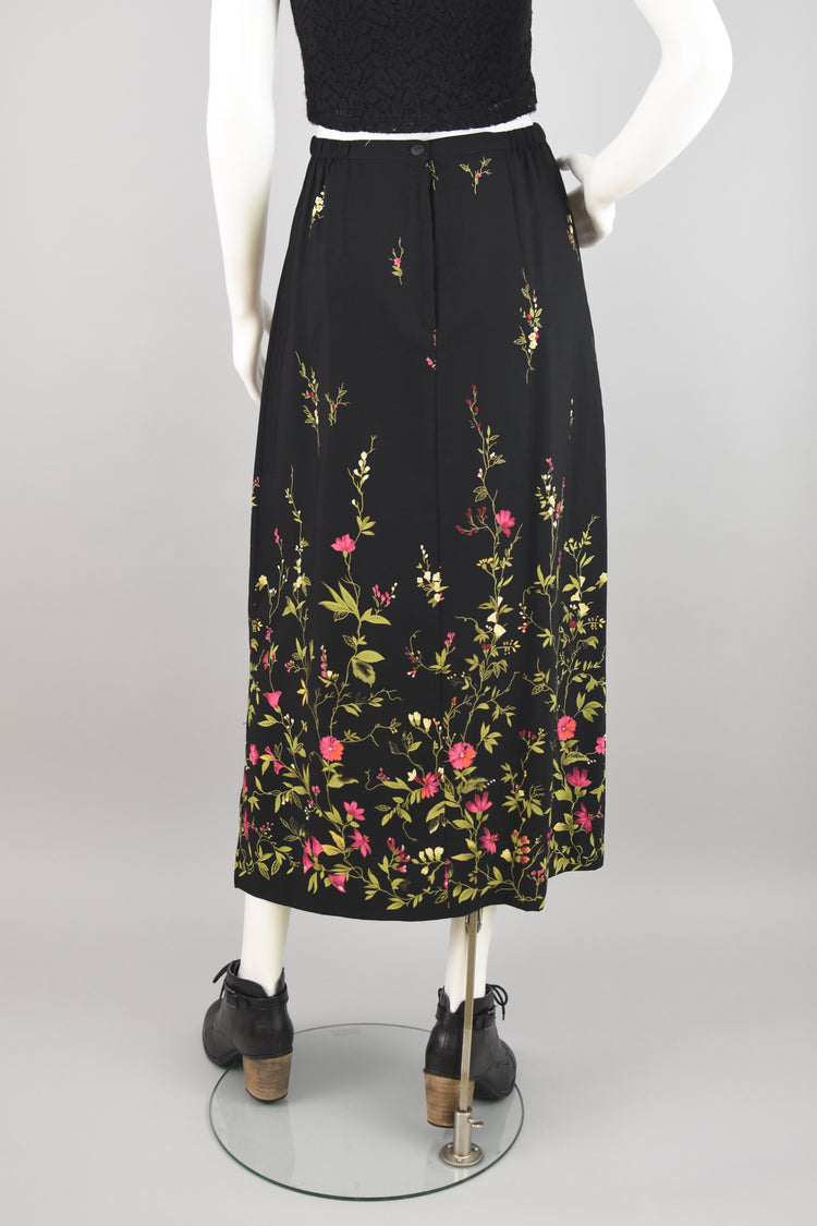 90s Black Floral Print Midi Skirt Liz Baker, Women's Large, 30" Waist