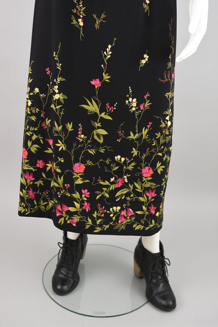 90s Black Floral Print Midi Skirt Liz Baker, Women's Large, 30" Waist