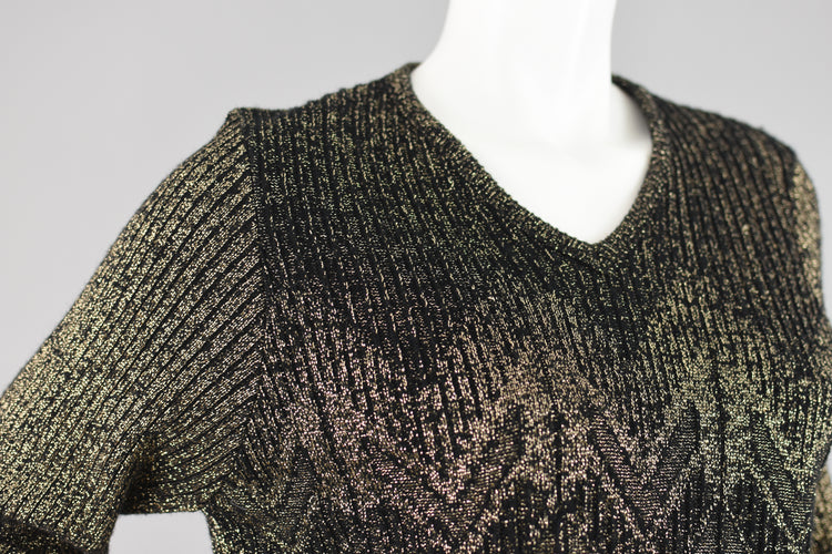 80s Metallic Gold Long Sleeve Knit Shirt Women's Small