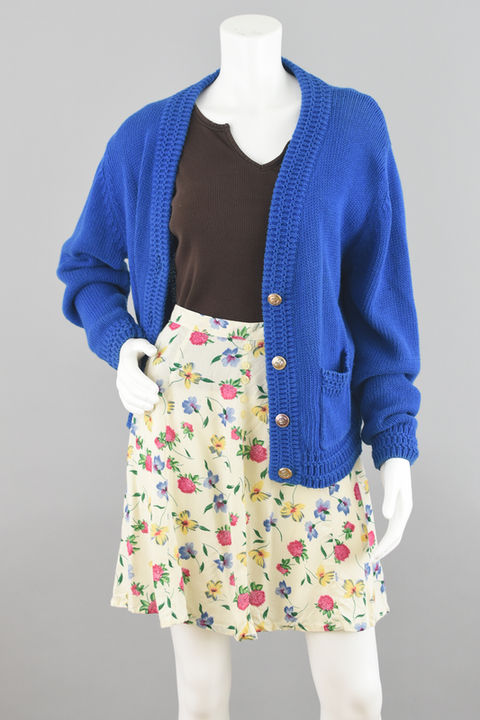 90s Blue Crochet Chunky Knit Cardigan Women's Medium