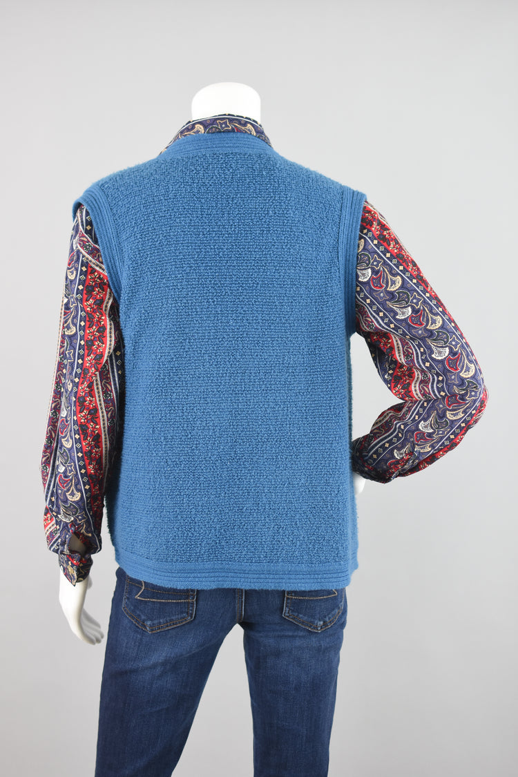 70s Blue Fuzzy Open Front Terry Cloth Sweater Vest, Women's Petite Medium