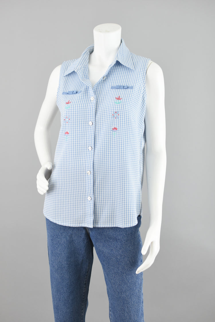 90s Blue & White Gingham Collared Blouse Small