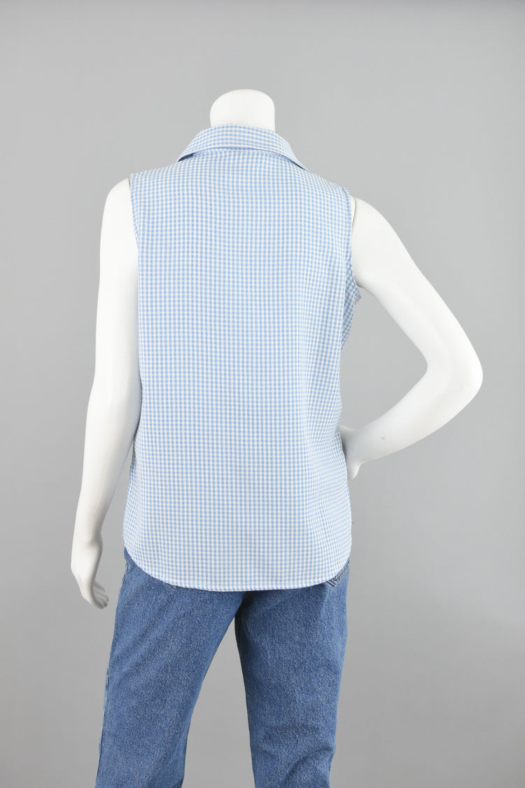 90s Blue & White Gingham Collared Blouse Small