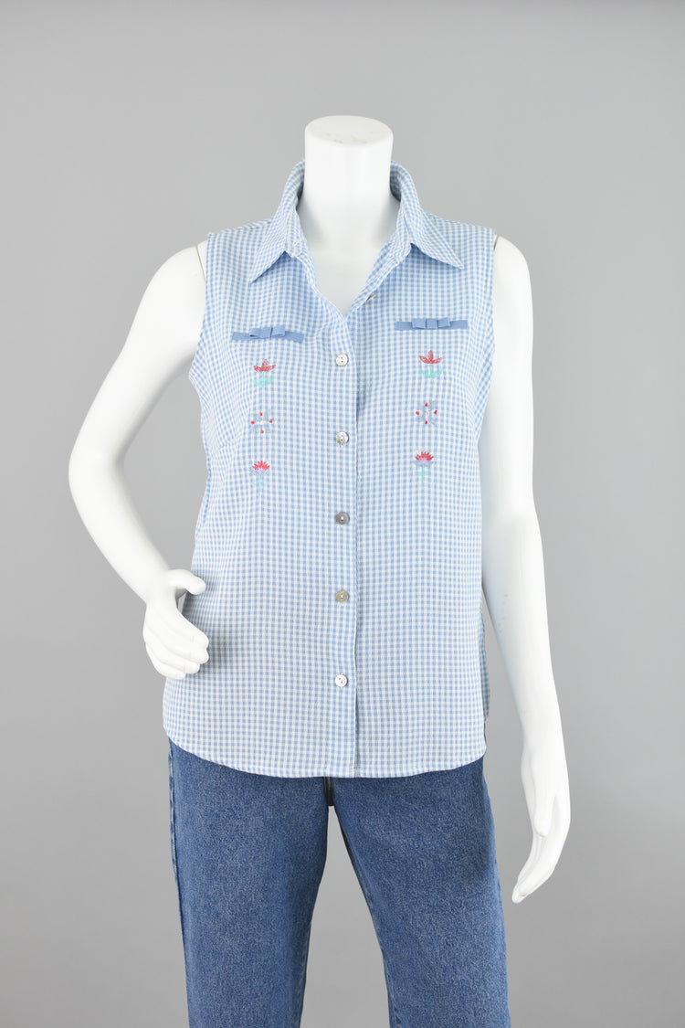 90s Blue & White Gingham Collared Blouse Small