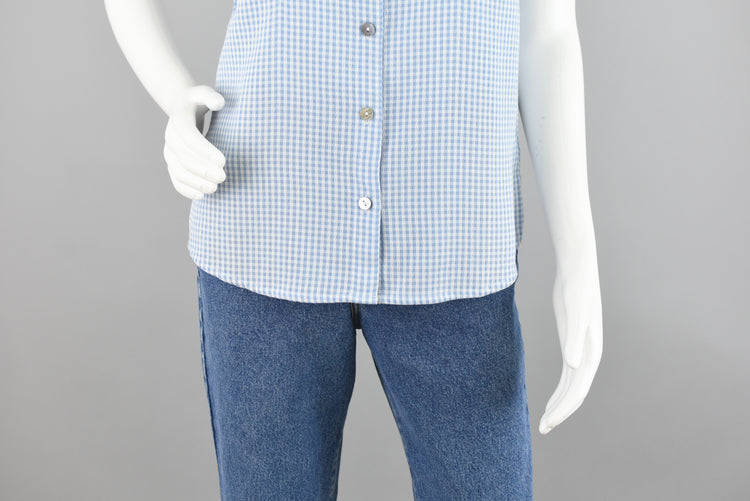 90s Blue & White Gingham Collared Blouse Small