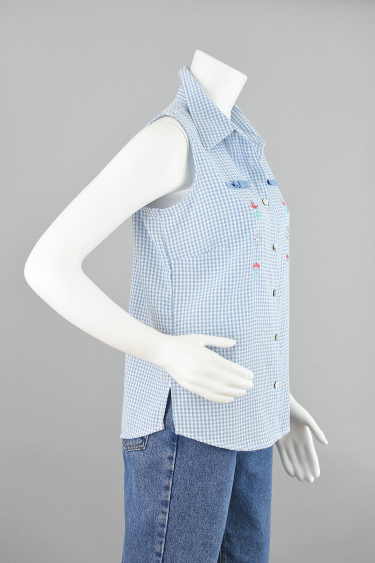 90s Blue & White Gingham Collared Blouse Small