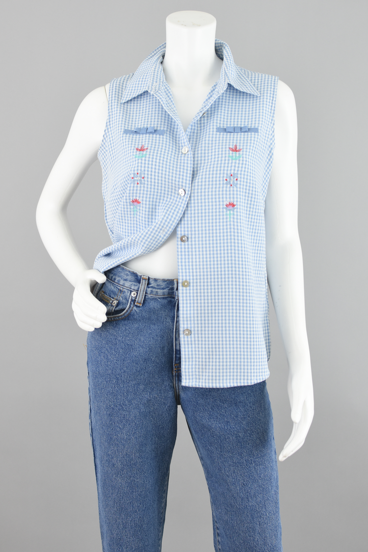 90s Blue & White Gingham Collared Blouse Small