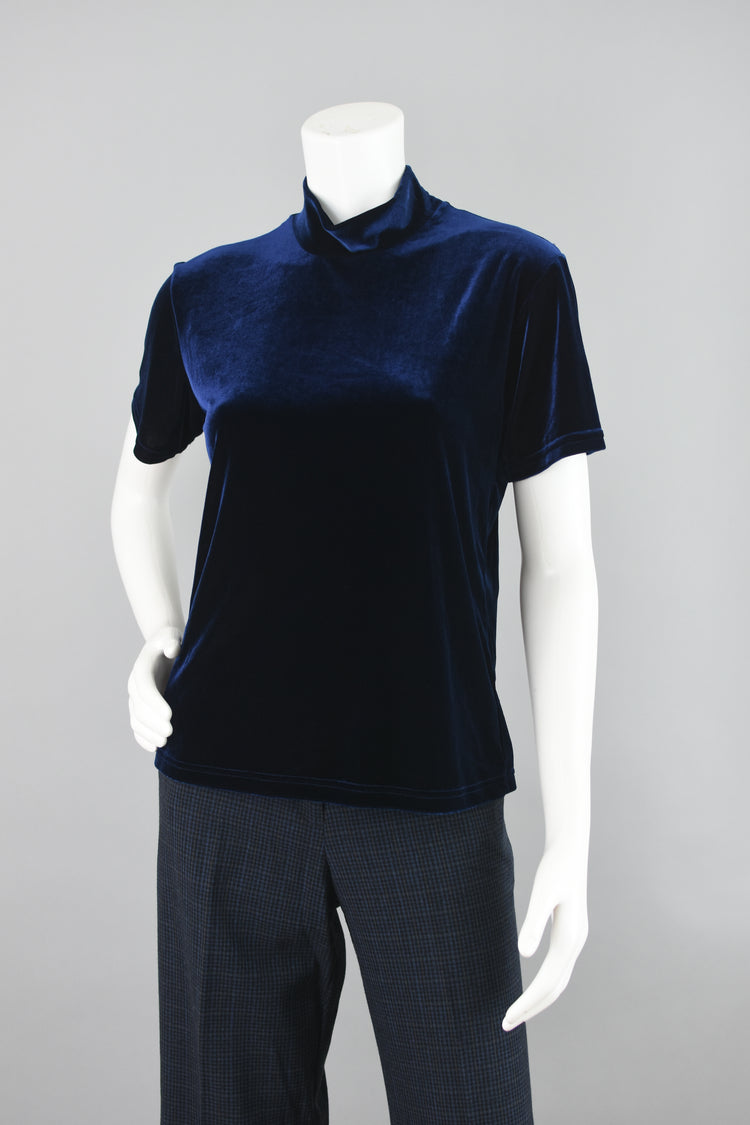 Vintage 90s Blue Velvet Mockneck Top Women's Small